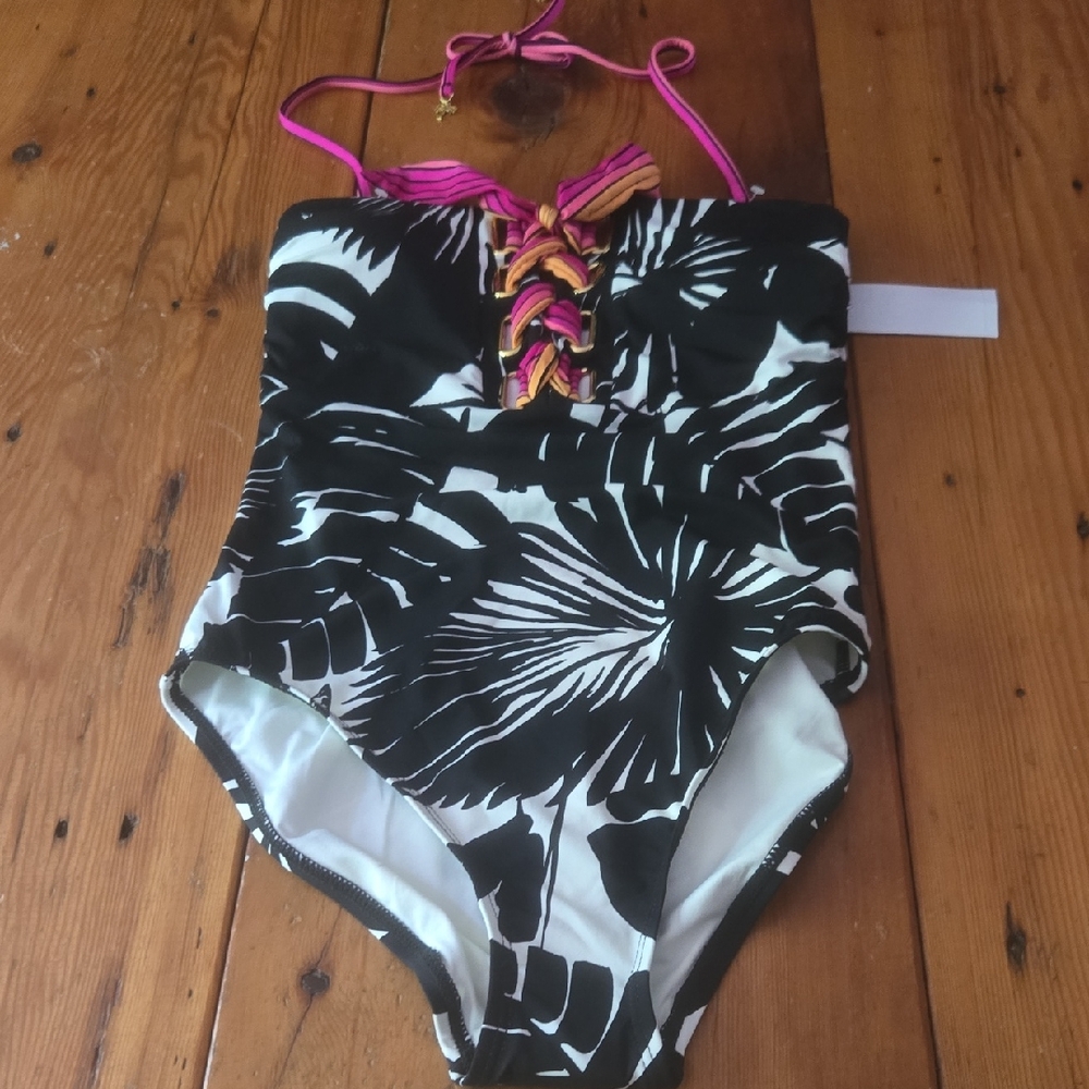 Trina Turk Black & White Tropical One-Piece Swimsuit with Pink Accent